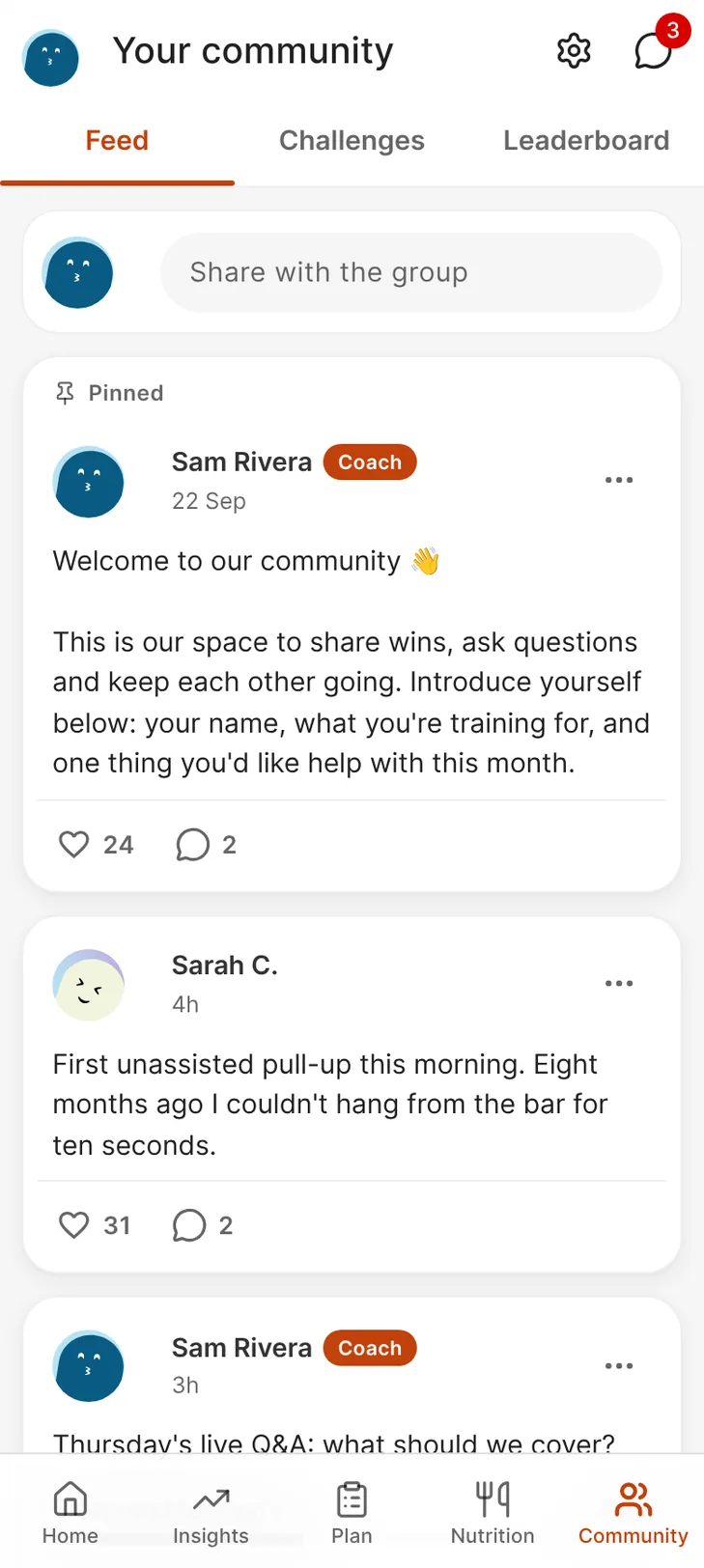 The client app's community feed: the coach's pinned welcome post and members sharing wins.