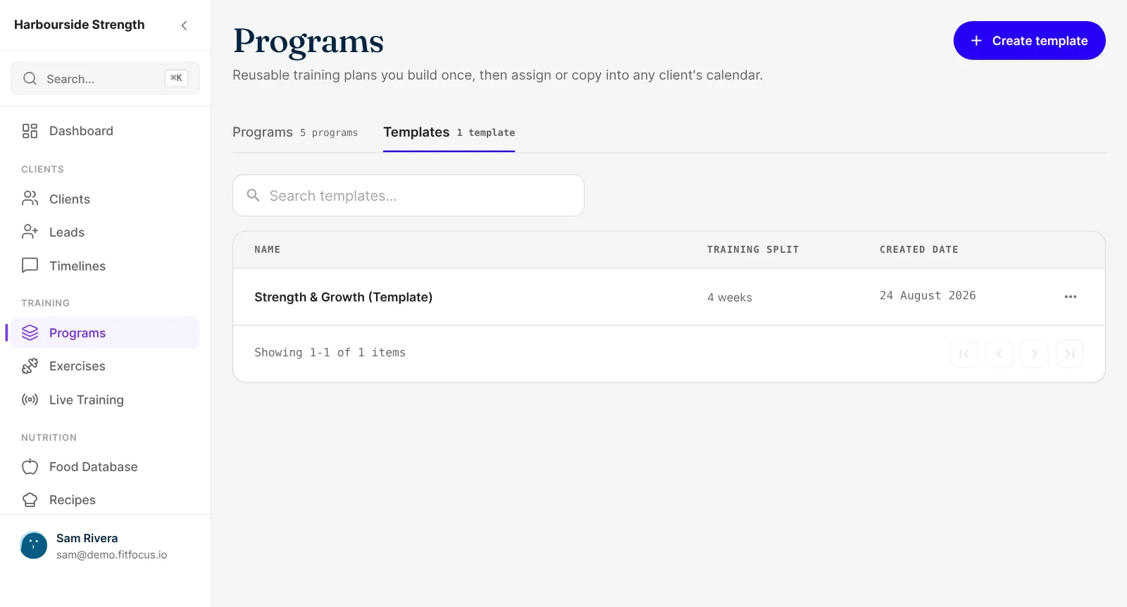 The coach's program templates: a saved four-week template, ready to assign to a client.