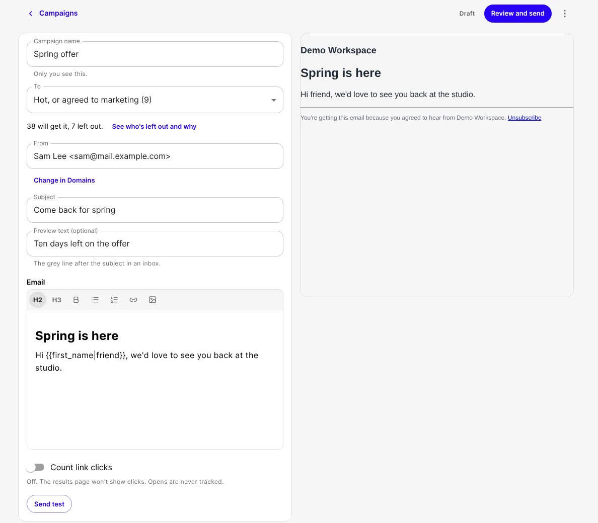 The composer: a segment, the sender, subject, text and a live preview