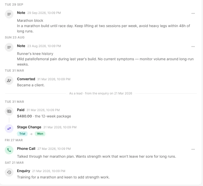 A client's Activity tab: "Became a client", then the history from when they were a lead
