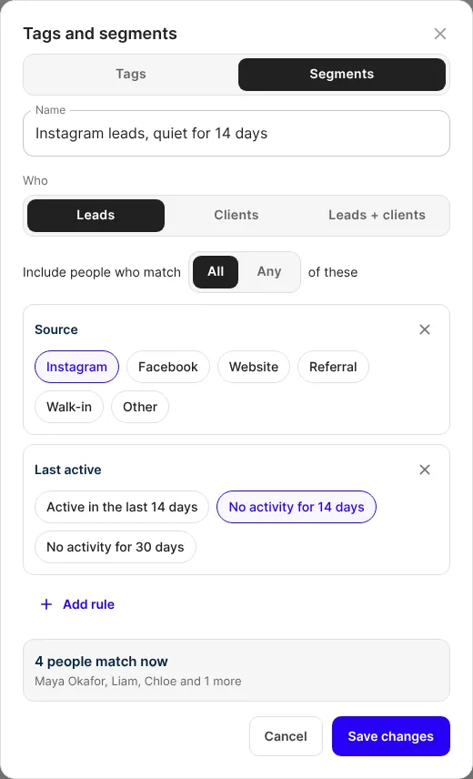 The segment's rules: source Instagram, no activity for 14 days, "4 people match now"