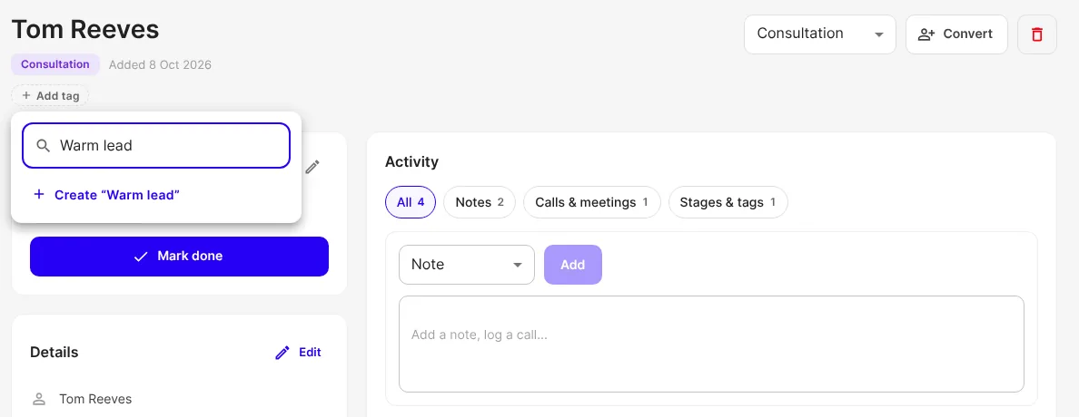 The Add tag box with a new tag name typed, offering to create it