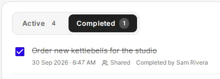 The Completed list: a shared note, ticked and struck through, completed by a teammate