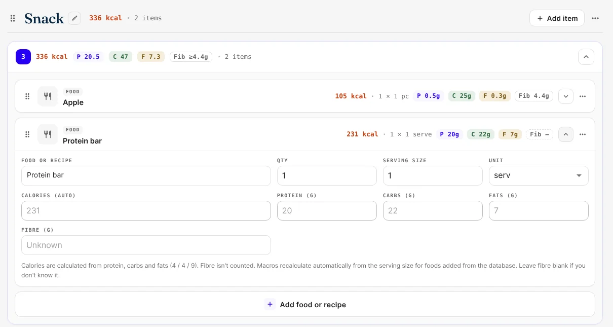The Snack meal with "Fib ≥4.4g", and the Protein bar's editor open with an empty Fibre (g) field that reads "Unknown"