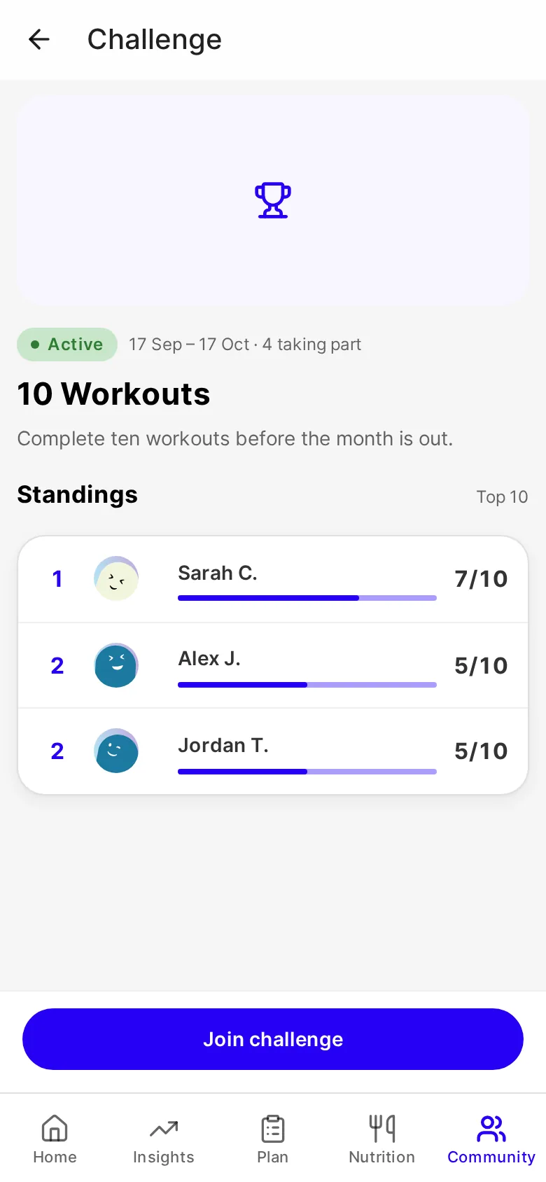 A challenge on a phone: "10 Workouts", with the standings of the clients taking part