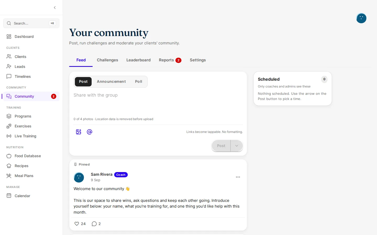 The coach's Community page: the composer with Post, Announcement and Poll, the Scheduled panel, and the pinned welcome post