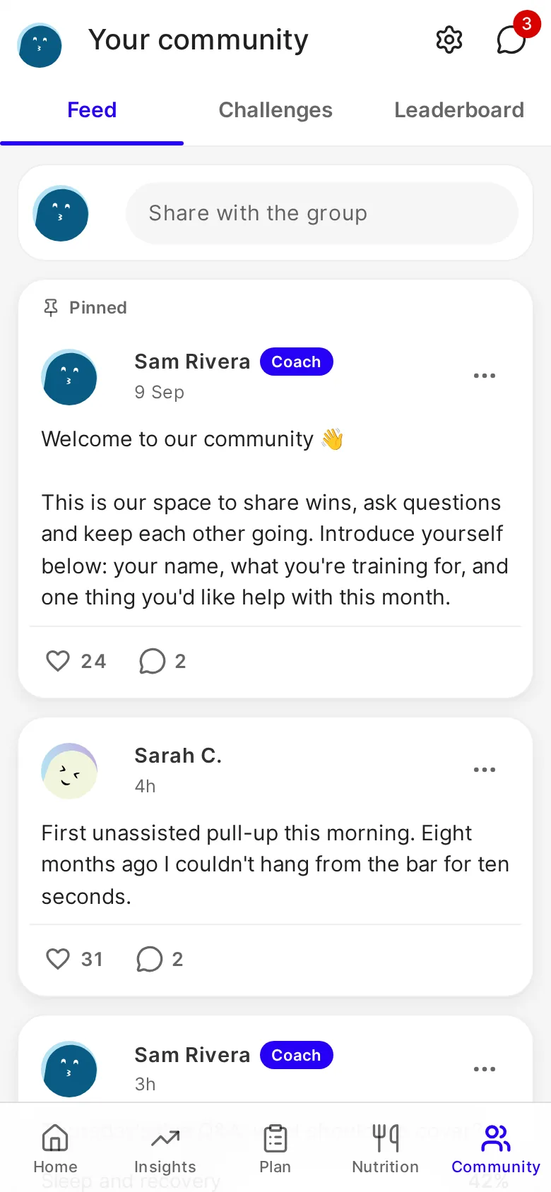 A client's Community feed on a phone: the coach's pinned welcome post, then a client's post about a first pull-up