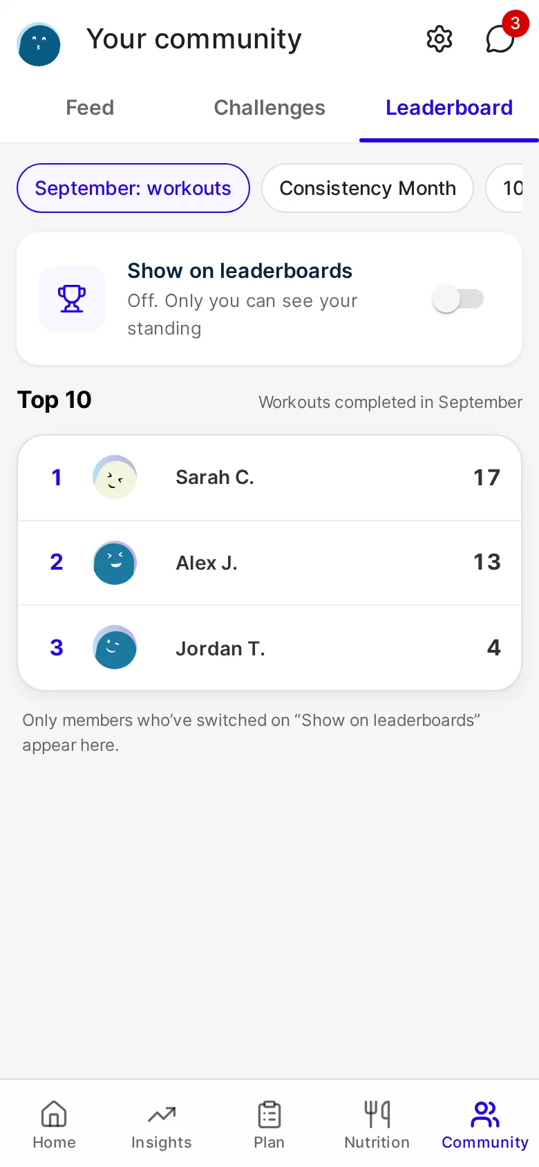 The client's Leaderboard tab: the "Show on leaderboards" switch and the top 10 for workouts completed in September