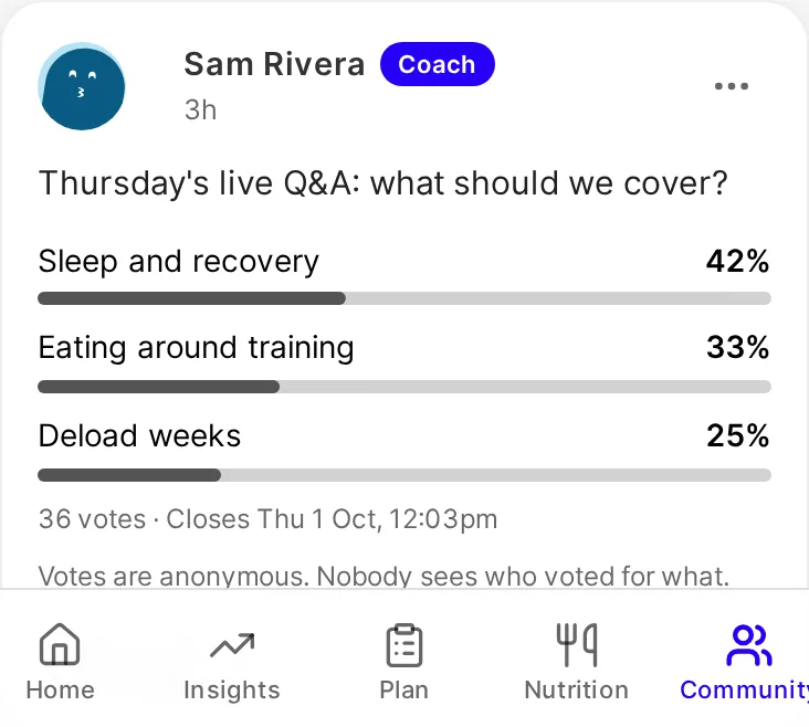 A coach's poll in the feed, with the share of votes for each answer and when it closes