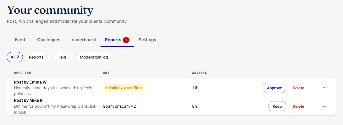 The coach's Reports tab: a post held by the word filter and a post reported as spam, each with its actions