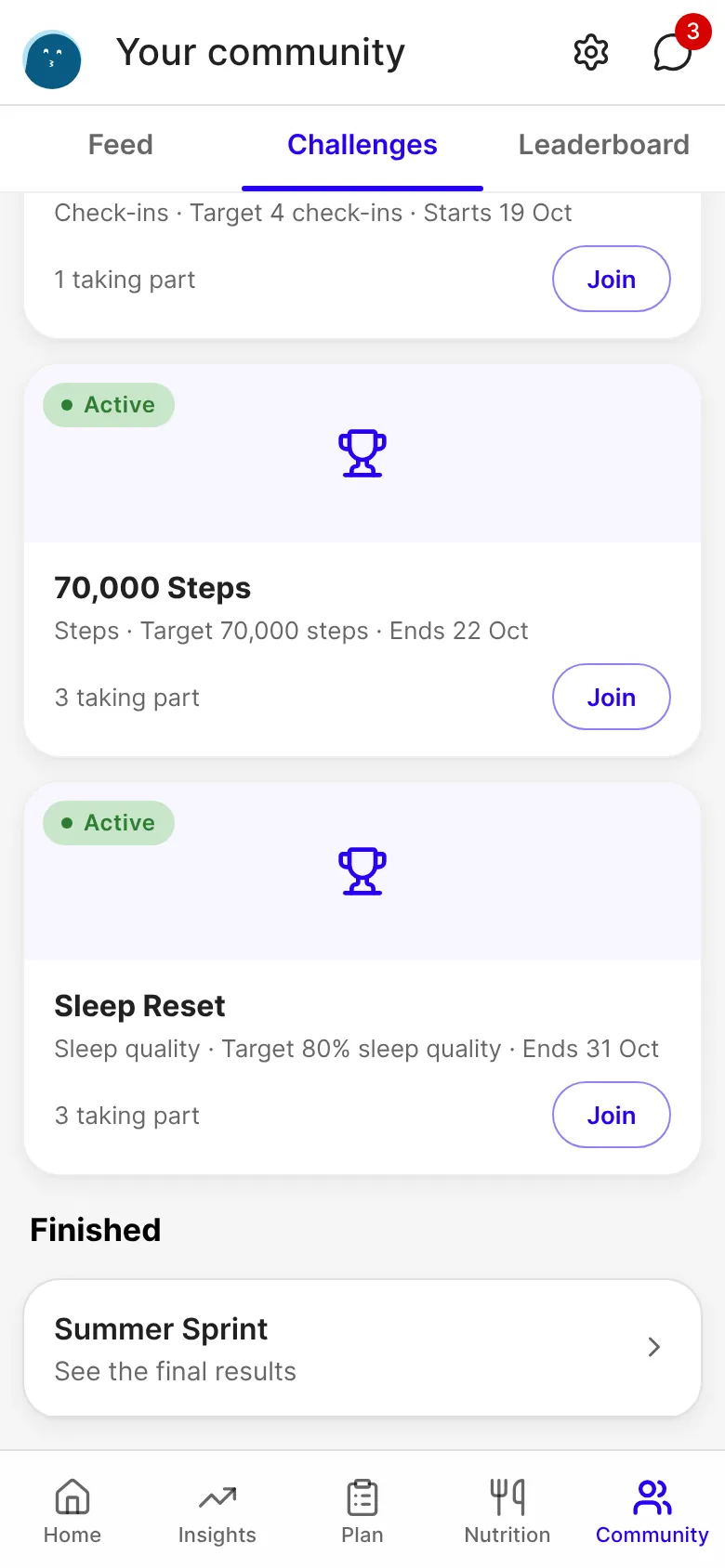 The client's Challenges tab, with a steps challenge and a sleep quality challenge to join