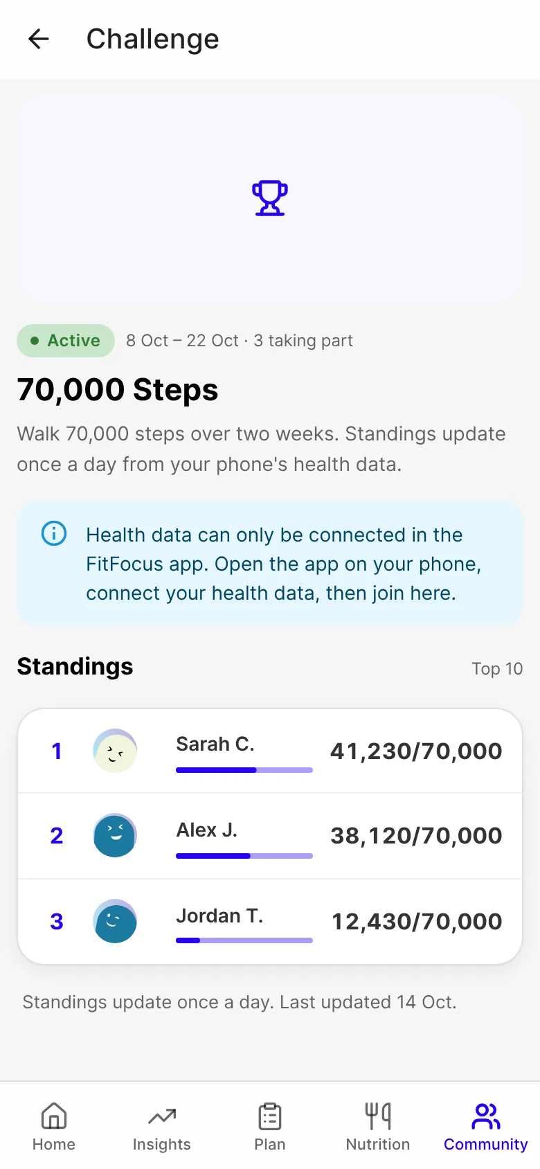 A steps challenge on the web, with a note that health data can only be connected in the app