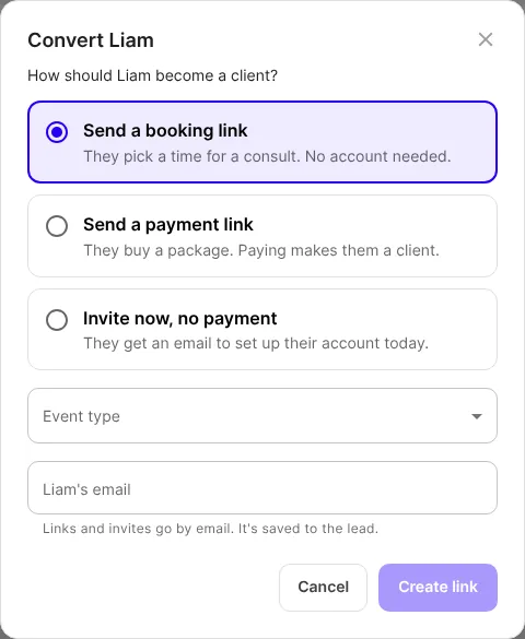 The Convert window, with booking link, payment link and invite