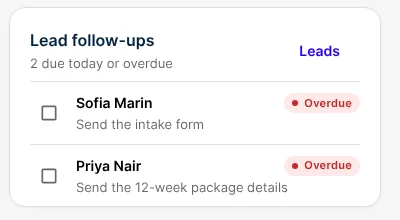 The dashboard's Lead follow-ups card, with two overdue leads