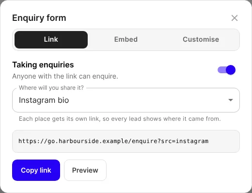 The Enquiry form window, with the link for an Instagram bio