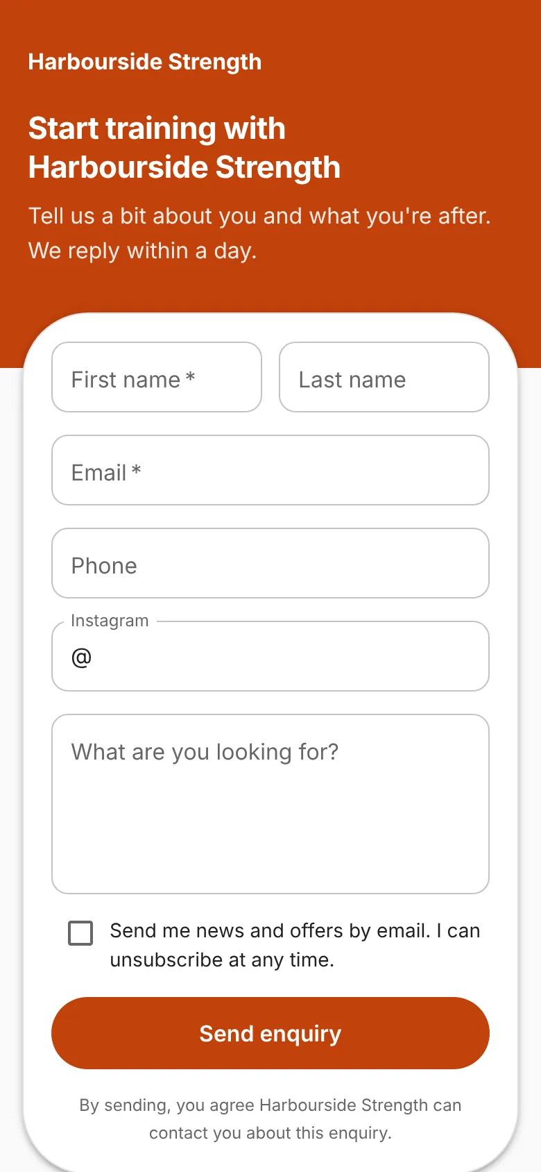 An enquiry page on a phone, in a gym's own colour, with first name, email, phone, Instagram and a message