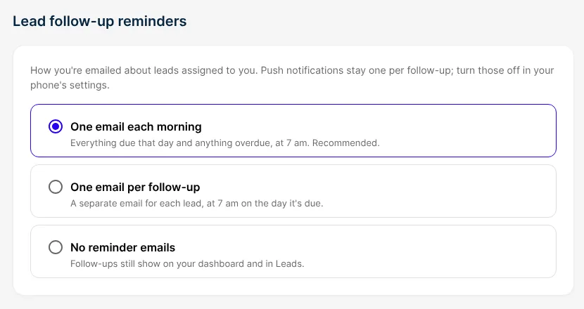 The three reminder email choices: one each morning, one per follow-up, or none