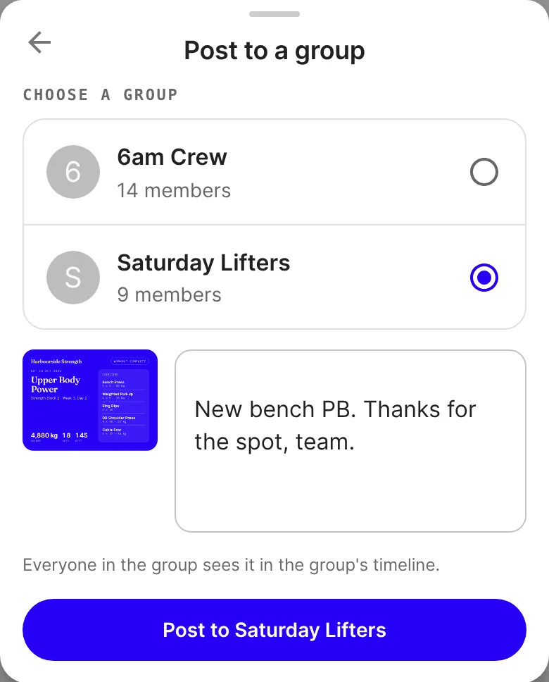 The "Post to a group" step: Saturday Lifters chosen from two groups, a small preview of the card, the caption "New bench PB. Thanks for the spot, team." and a "Post to Saturday Lifters" button